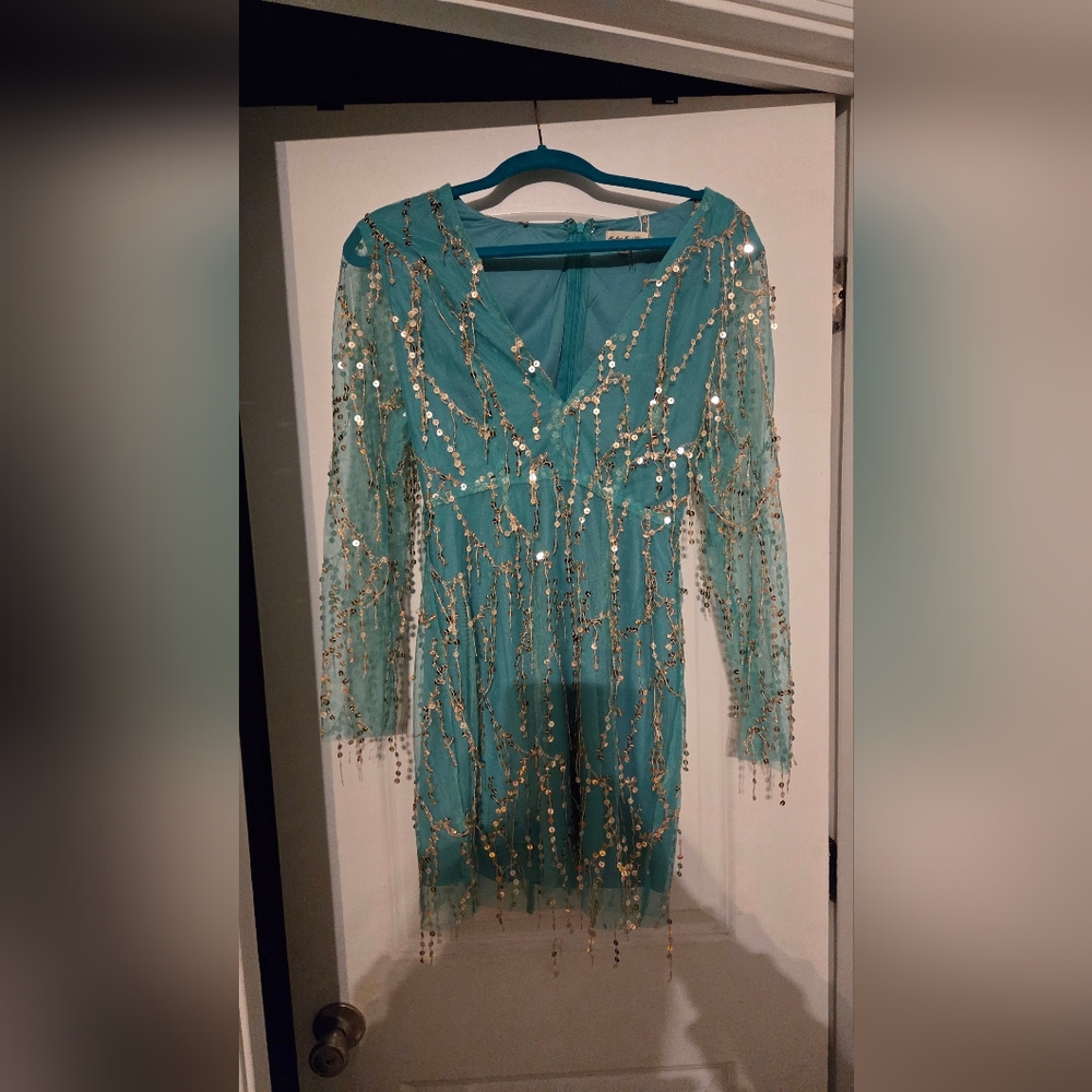 Sequin Embellished Teal Mini Dress
